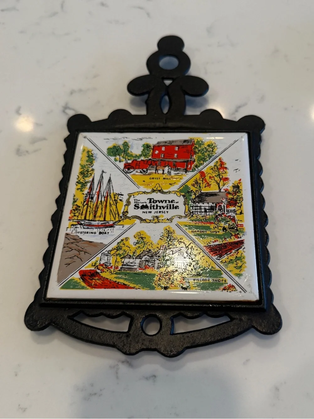 Vintage Smithville New Jersey Souvenir Ceramic Tile Cast Iron Trivet Iron Decor